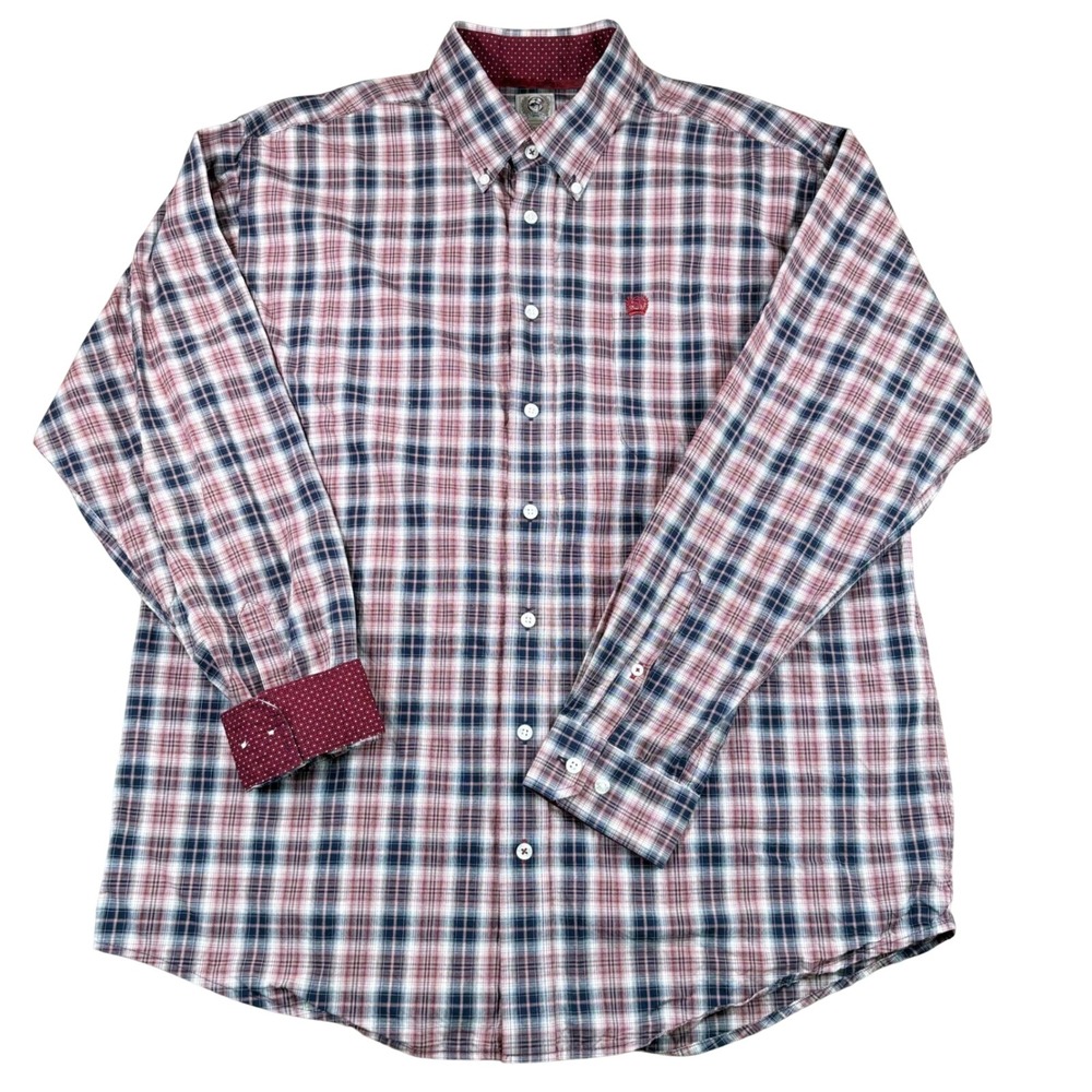 Cinch Button Down Shirt Mens M Western Plaid Cotton Red Blue Classic Fit - Picture 1 of 7